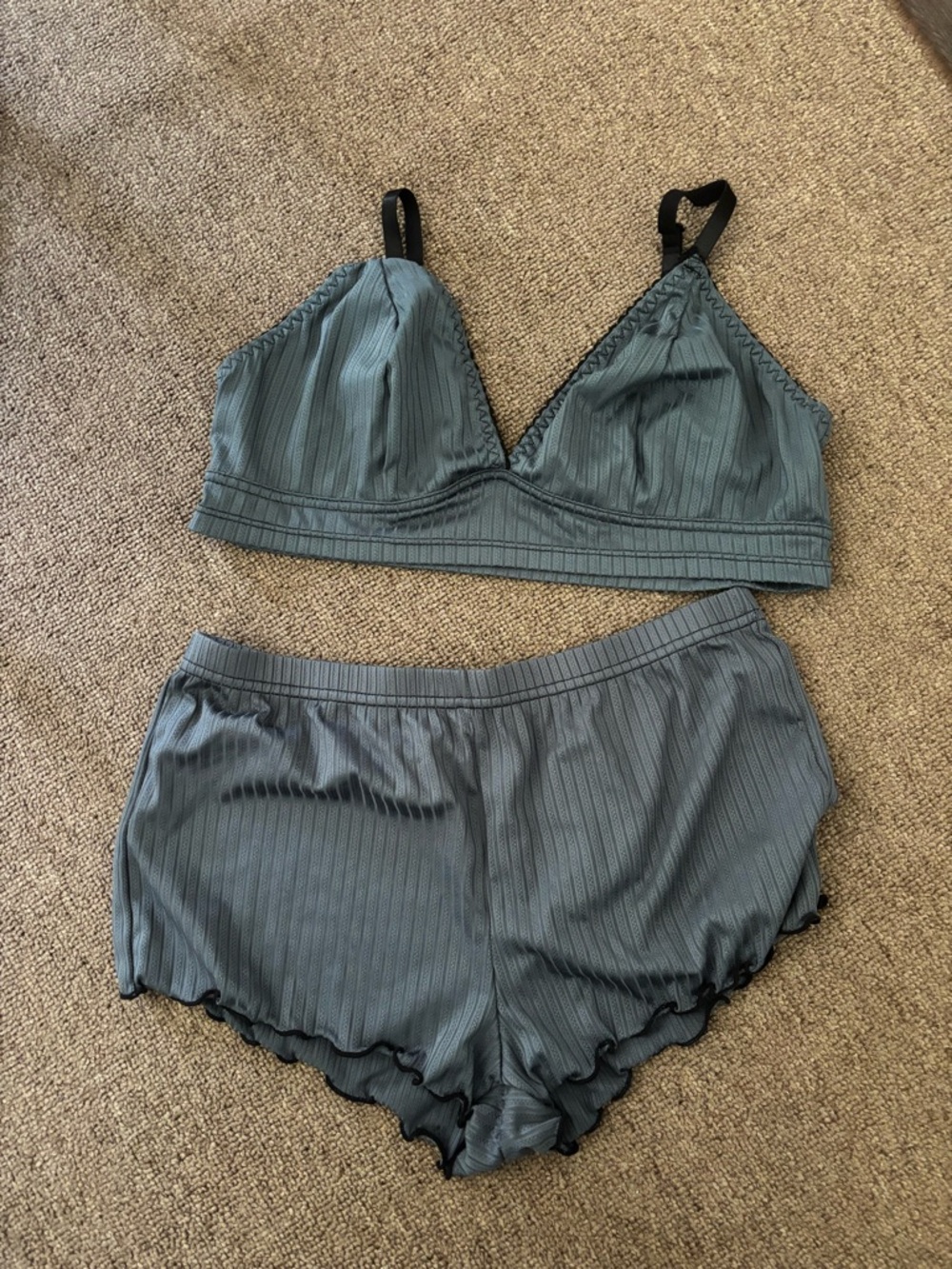 Amazon Women's Ribbed Satin Bralette & Shorts Set - Slate Blue